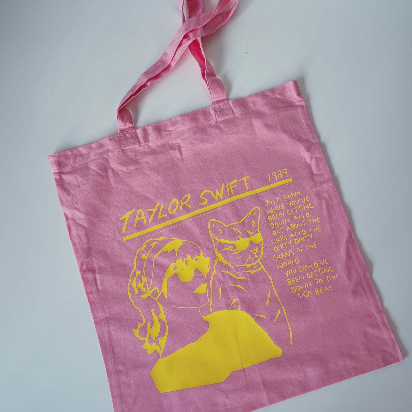 Actual Fan Made Merch: Pink Lemonade 🍋 Taylor Swift Cat Tote Bag with Shake it Off Lyrics