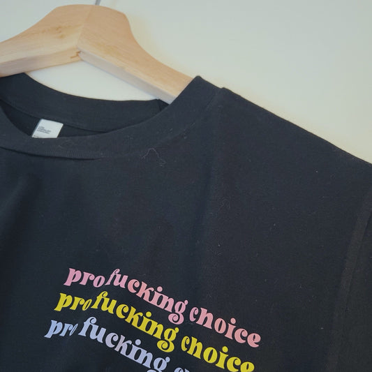 Pro Fucking Choice Crop Top with Pink, Yellow, and Purple Pocket Logo