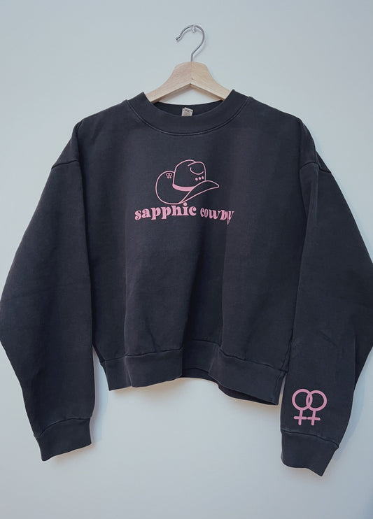 PRIDE 2022 Sapphic Cowboy Soft Black Crop Sweatshirt pink logo, soft material, rustic style, WLW, LGBT, Genderless, Lesbian, Queer nonbinary